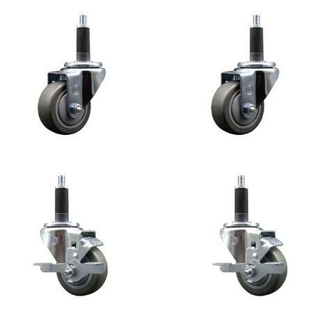 Service Caster 3'' Gray Poly Wheel Swivel 1'' Expanding Stem Caster Set 2 Brakes, 4PK SCC-EX20S314-PPUB-2-TLB-2-1